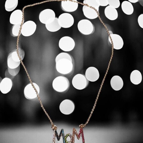 Gold Tone Mom Necklace Colorful Rainbow Crystal Rhinestone Gift for Mom - Picture 3 of 3